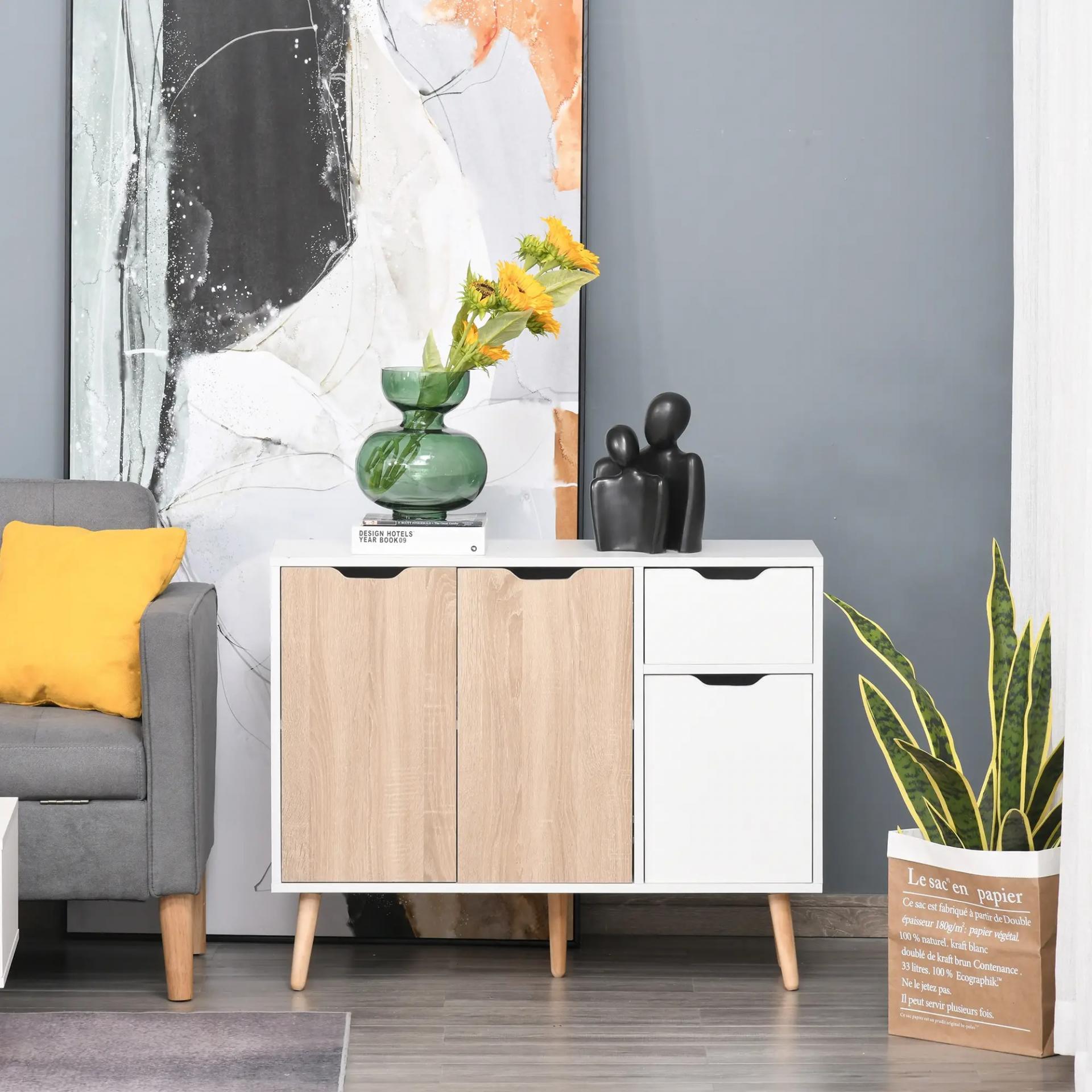 Aparador Moderno Aparador para Salón con 3 Puertas y Cajón Mueble Auxiliar para Salón Cocina Dormitorio 90x30x72 cm Blanco y Natural