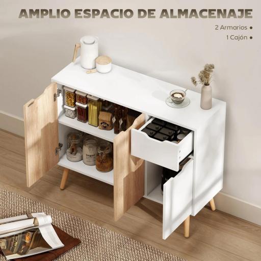 Aparador Moderno Aparador para Salón con 3 Puertas y Cajón Mueble Auxiliar para Salón Cocina Dormitorio 90x30x72 cm Blanco y Natural  [2]