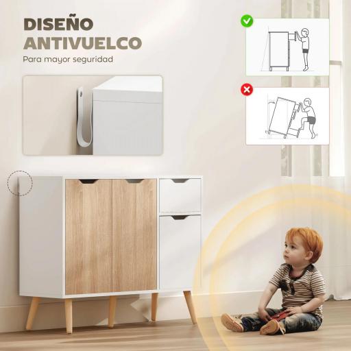 Aparador Moderno Aparador para Salón con 3 Puertas y Cajón Mueble Auxiliar para Salón Cocina Dormitorio 90x30x72 cm Blanco y Natural  [3]