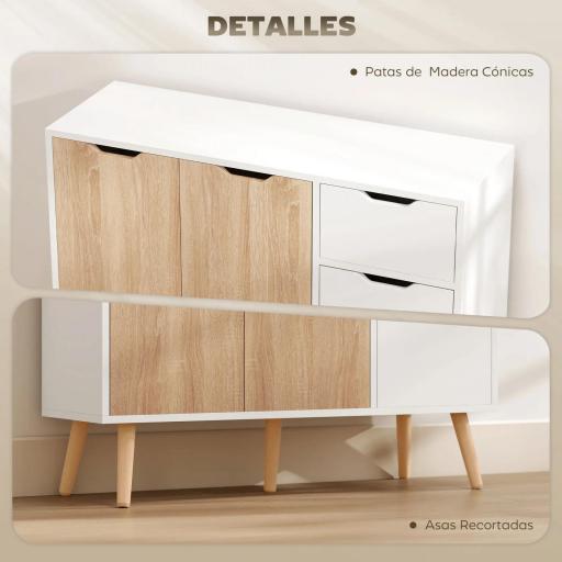 Aparador Moderno Aparador para Salón con 3 Puertas y Cajón Mueble Auxiliar para Salón Cocina Dormitorio 90x30x72 cm Blanco y Natural  [4]