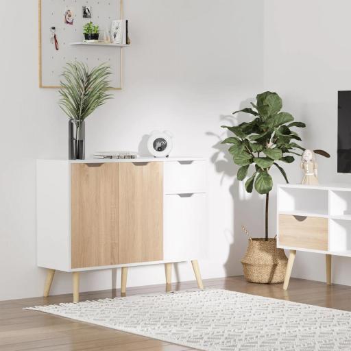 Aparador Moderno Aparador para Salón con 3 Puertas y Cajón Mueble Auxiliar para Salón Cocina Dormitorio 90x30x72 cm Blanco y Natural  [5]