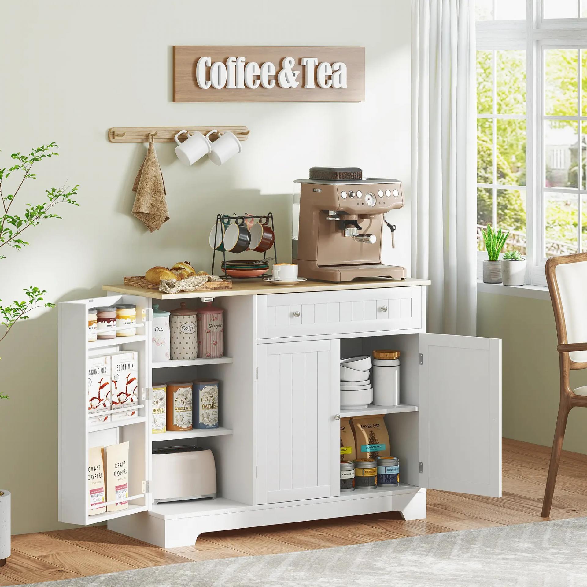 Aparador de Cocina con Estante de Puerta Cajón Puertas Magnéticas Estantes Ajustables 105x40x83 cm Blanco y Roble