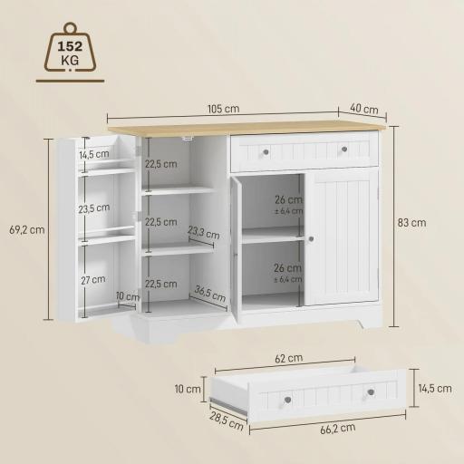 Aparador de Cocina con Estante de Puerta Cajón Puertas Magnéticas Estantes Ajustables 105x40x83 cm Blanco y Roble [1]