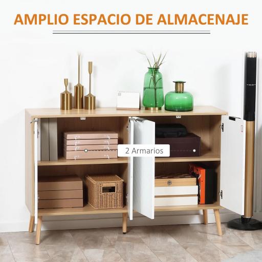 Mueble Buffet Auxiliar con Estantes Ajustables 2 Armarios y Antivuelco Carga 50 kg 120x35x77,4 cm Blanco y Natural [5]
