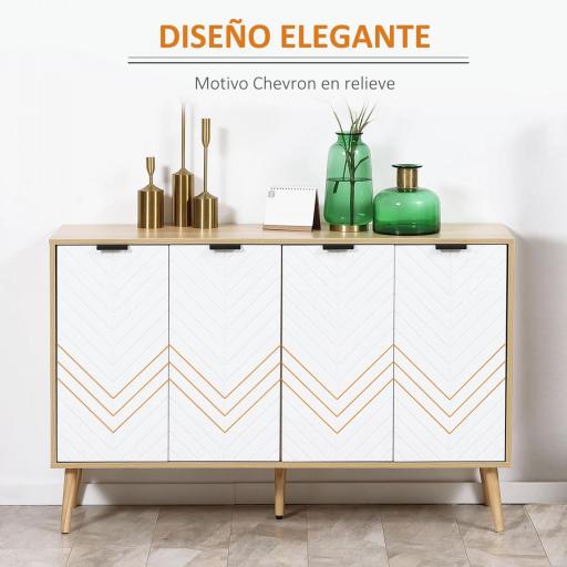 Mueble Buffet Auxiliar con Estantes Ajustables 2 Armarios y Antivuelco Carga 50 kg 120x35x77,4 cm Blanco y Natural [2]