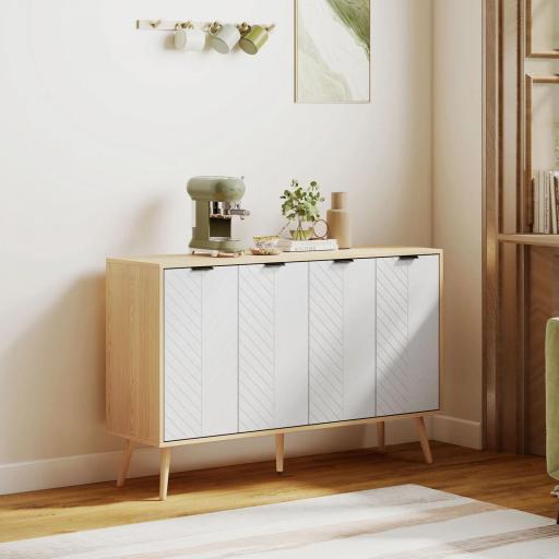 Mueble Buffet Auxiliar con Estantes Ajustables 2 Armarios y Antivuelco Carga 50 kg 120x35x77,4 cm Blanco y Natural [3]