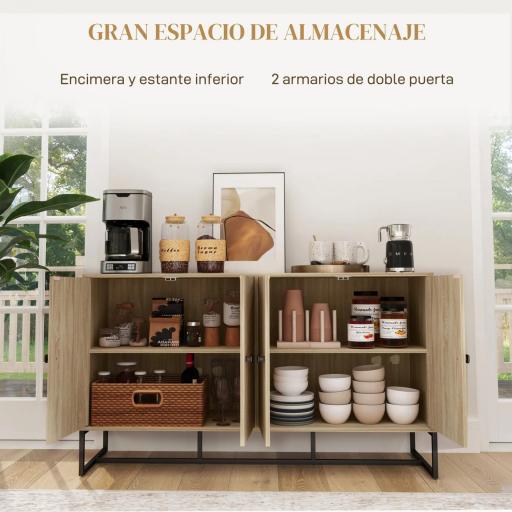 Aparador de Salón con 4 Puertas con Diseño Chevron Estantes Ajustables Patas de Acero 140,5x40x81,5 cm Roble [2]