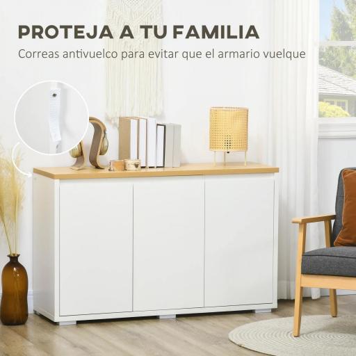 Aparador de Salón Mueble Auxiliar de Cocina con 3 Puertas y Estantes Ajustables para Comedor Entrada 120x37x75 cm Blanco [5]