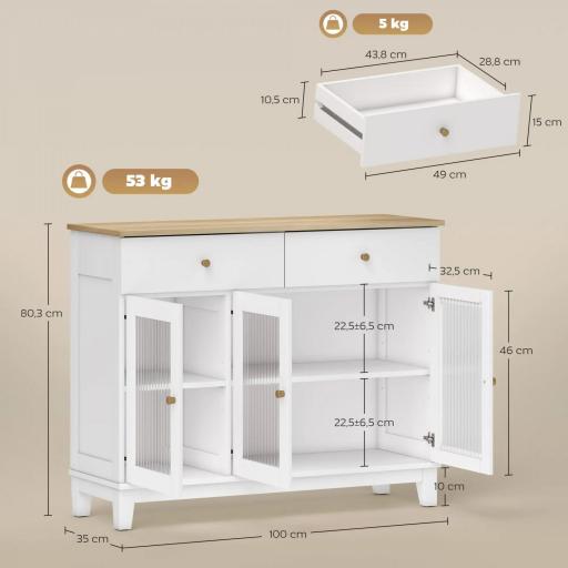 Aparador para Salón Moderno con 3 Puertas de Vidrio Estriado 2 Cajones y Estantes Ajustables 100x35x80,3 cm Blanco [1]