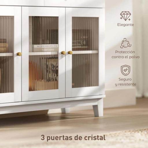 Aparador para Salón Moderno con 3 Puertas de Vidrio Estriado 2 Cajones y Estantes Ajustables 100x35x80,3 cm Blanco [2]