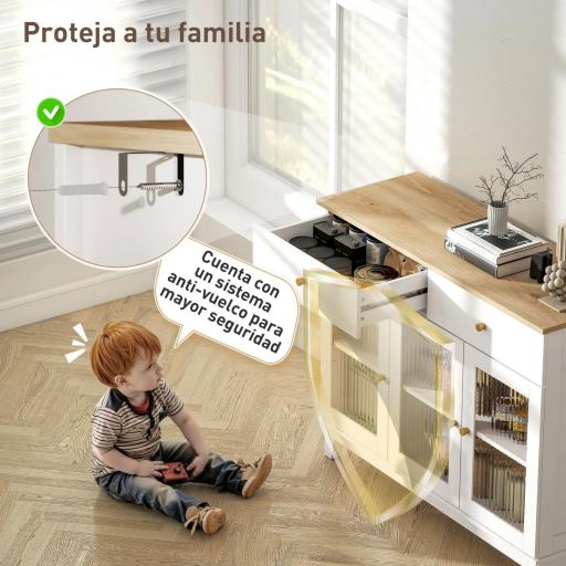 Aparador para Salón Moderno con 3 Puertas de Vidrio Estriado 2 Cajones y Estantes Ajustables 100x35x80,3 cm Blanco [5]