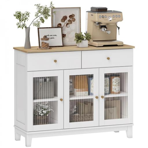 Aparador para Salón Moderno con 3 Puertas de Vidrio Estriado 2 Cajones y Estantes Ajustables 100x35x80,3 cm Blanco [8]