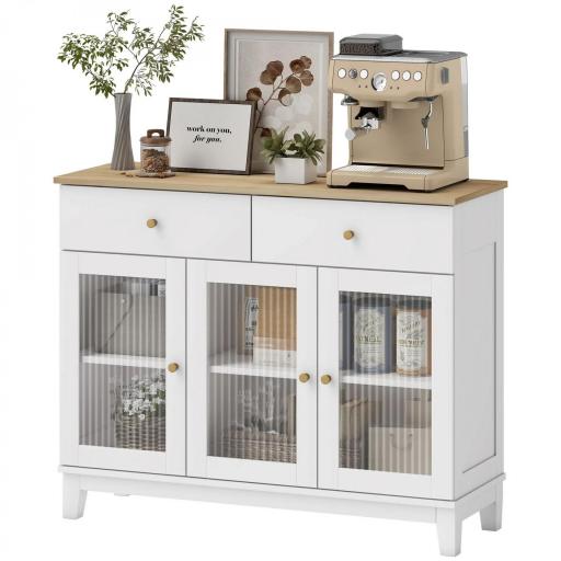 Aparador para Salón Moderno con 3 Puertas de Vidrio Estriado 2 Cajones y Estantes Ajustables 100x35x80,3 cm Blanco [9]