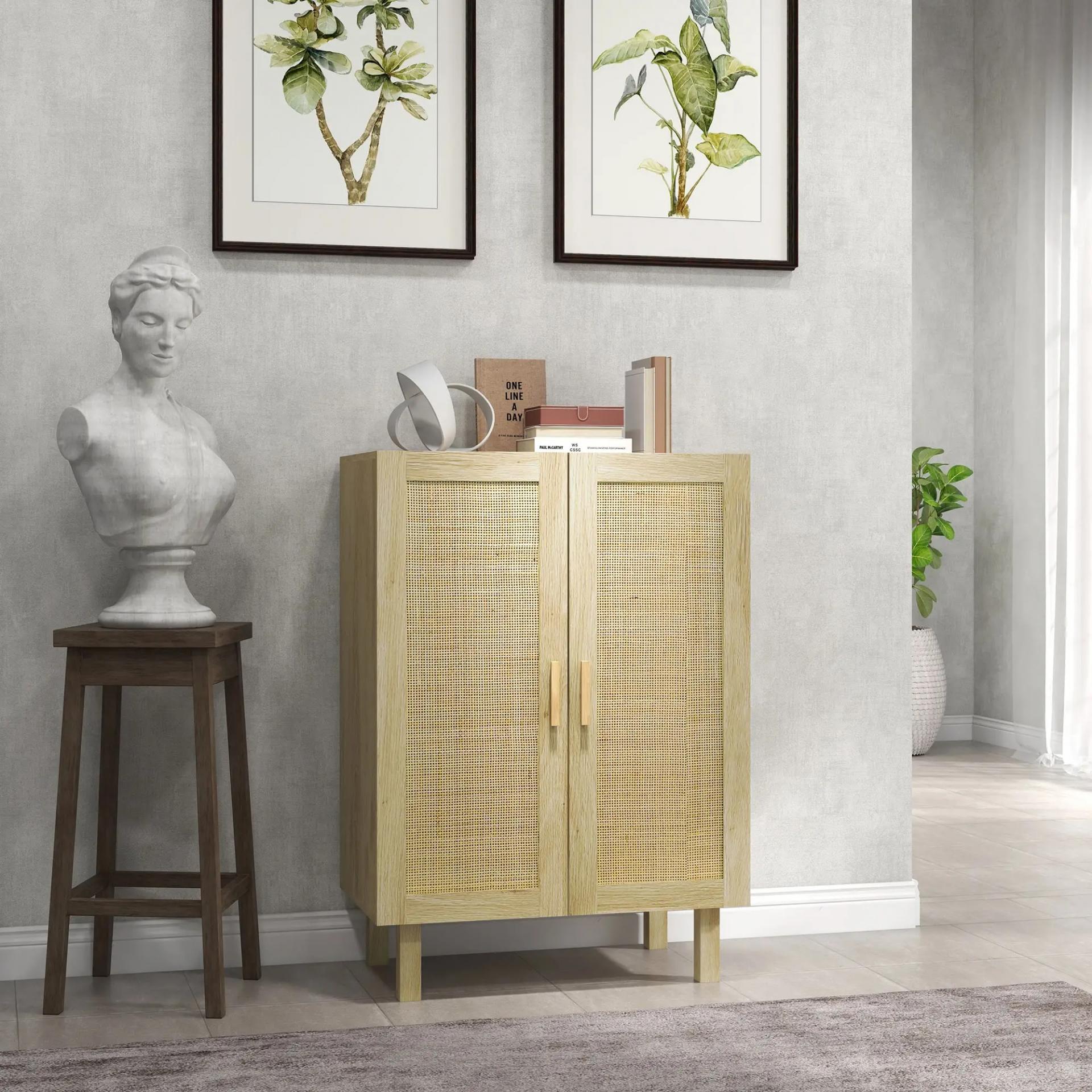 Armario de Salón con 2 Puertas de Rejilla y Estantes Ajustables Aparador de Estilo Bohemio 73x41x102 cm Natural