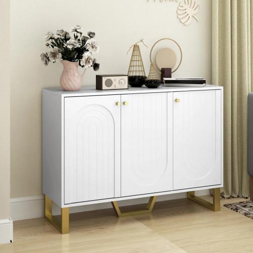 Aparador con 3 Puertas Arqueadas Estantes Ajustables y Patas Doradas 106,5x35x77,5 cm Blanco
