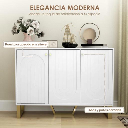 Aparador con 3 Puertas Arqueadas Estantes Ajustables y Patas Doradas 106,5x35x77,5 cm Blanco [6]
