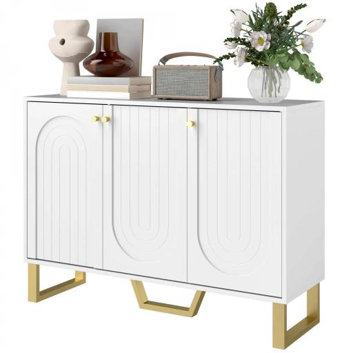Aparador con 3 Puertas Arqueadas Estantes Ajustables y Patas Doradas 106,5x35x77,5 cm Blanco [8]