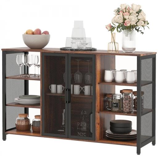 Aparador de Cocina con 6 Estantes Abiertos Porta Copas y Estante Ajustable para Bar Comedor 120x40x76 cm Marrón Rústico [11]