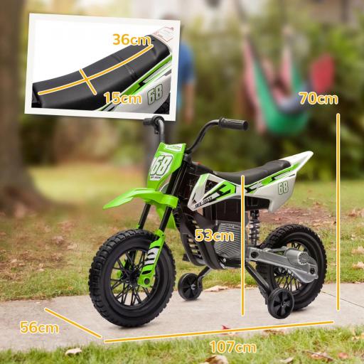 Moto Eléctrica para Niños de +3 Años con Batería 12V Música y Ruedas Auxiliares Carga 30 kg Verde [6]