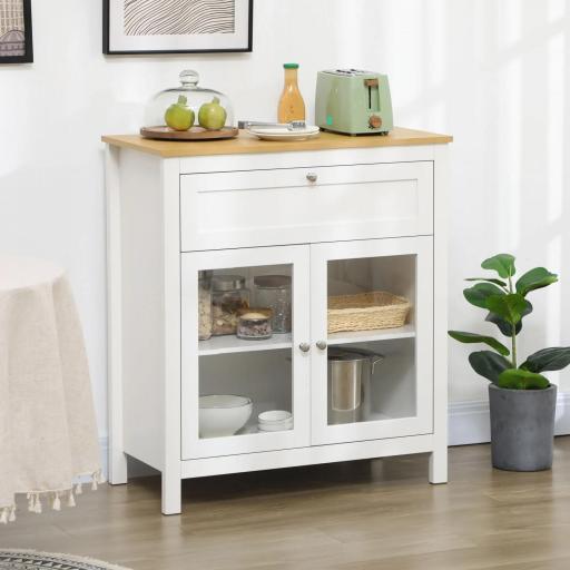 Aparador de Cocina Moderno Mueble Buffet Auxiliar con Cajón Estante Ajustable y 2 Puertas de Vidrio 80x40x90 cm Blanco