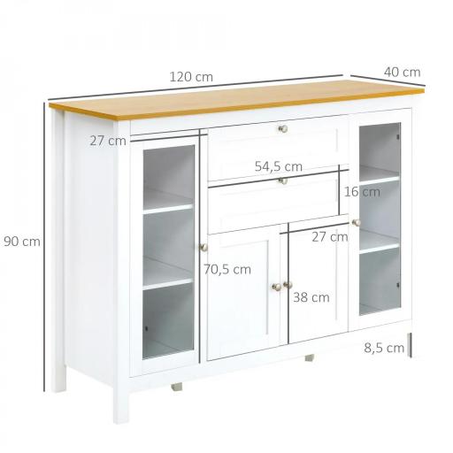Aparador de Cocina con Armario 2 Cajones 2 Puertas de Vidrio y Estantes Ajustables Muebles Auxiliar de Almacenaje para Comedor Salón 120x40x90 cm Blanco [1]