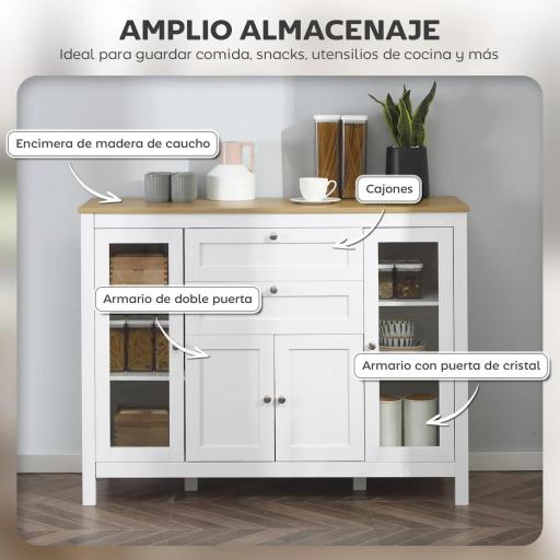 Aparador de Cocina con Armario 2 Cajones 2 Puertas de Vidrio y Estantes Ajustables Muebles Auxiliar de Almacenaje para Comedor Salón 120x40x90 cm Blanco [6]