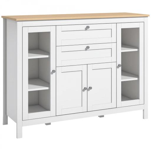 Aparador de Cocina con Armario 2 Cajones 2 Puertas de Vidrio y Estantes Ajustables Muebles Auxiliar de Almacenaje para Comedor Salón 120x40x90 cm Blanco [9]