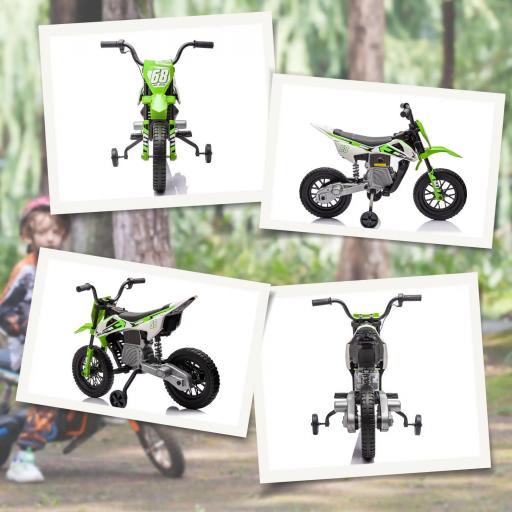 Moto Eléctrica para Niños de +3 Años con Batería 12V Música y Ruedas Auxiliares Carga 30 kg Verde [2]