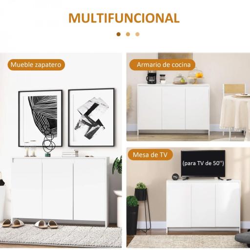Mueble Aparador con 3 Puertas Estantes Ajustables y Cierre Suave Soporte para Televisores 120x35x85 cm Blanco [3]