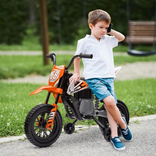 Moto Infantil Eléctrica con Control Manual de Gas, Ruedas de Entrenamiento, Música, Naranja