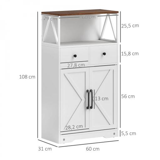 Mueble Auxiliar de Almacenaje con Estantes y Cajones Diseño Clásico para Salón Cocina o Dormitorio 60x31x108 cm Blanco [1]