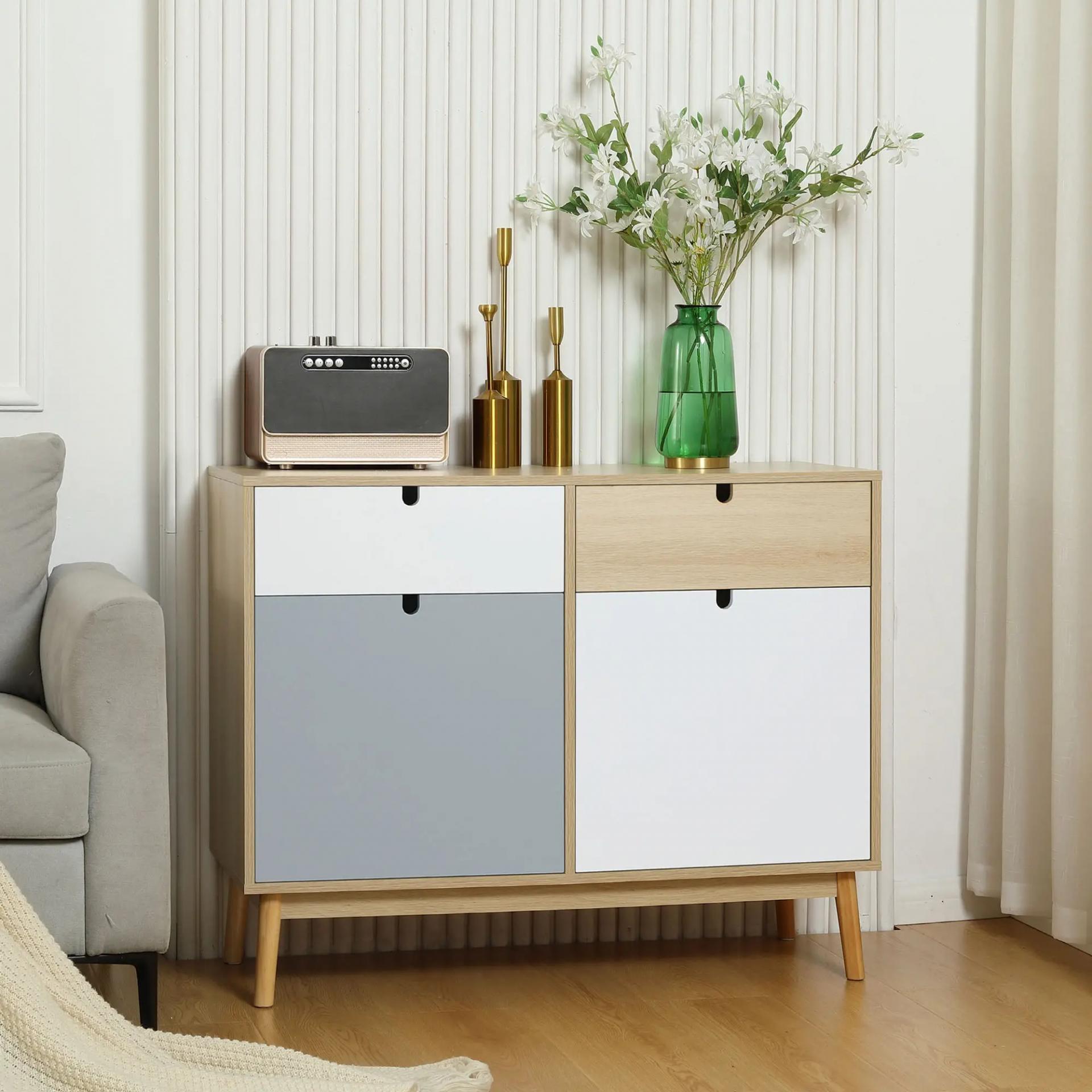 Aparador Auxiliar Mueble de Almacenamiento de Salón con 2 Armarios Cerrados y 2 Cajones Patas Elevadas de Madera de Pino para Cocina Dormitorio Entrada 100x40x79,5 cm Multicolor