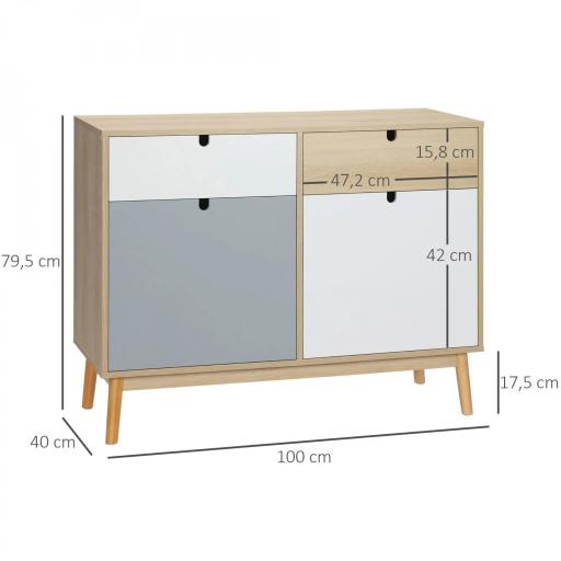 Aparador Auxiliar Mueble de Almacenamiento de Salón con 2 Armarios Cerrados y 2 Cajones Patas Elevadas de Madera de Pino para Cocina Dormitorio Entrada 100x40x79,5 cm Multicolor [1]