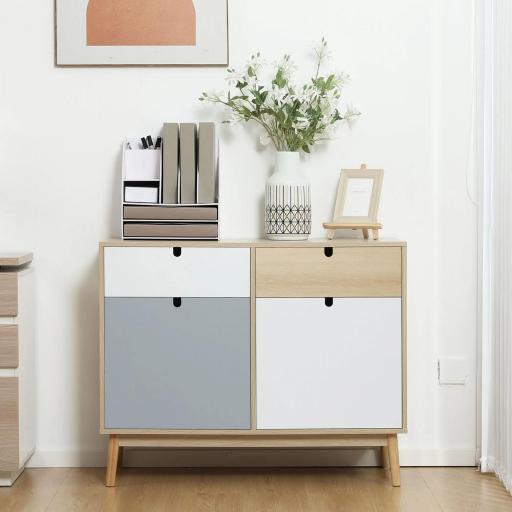 Aparador Auxiliar Mueble de Almacenamiento de Salón con 2 Armarios Cerrados y 2 Cajones Patas Elevadas de Madera de Pino para Cocina Dormitorio Entrada 100x40x79,5 cm Multicolor [3]