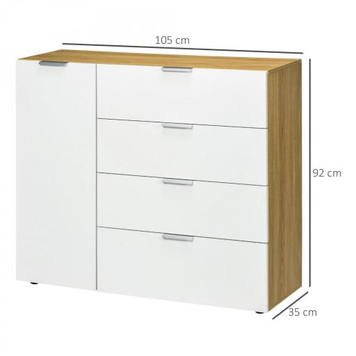 Aparador de Salón Cajonera y Cómoda con 4 Cajones Puerta y Estantes Ajustables 105x35x92 cm Blanco y Natural [1]
