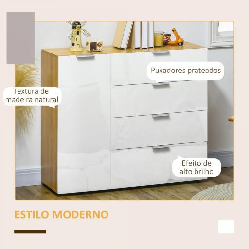 Aparador de Salón Cajonera y Cómoda con 4 Cajones Puerta y Estantes Ajustables 105x35x92 cm Blanco y Natural [3]