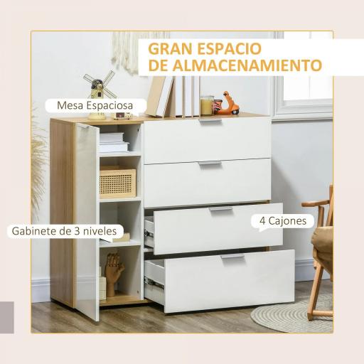 Aparador de Salón Cajonera y Cómoda con 4 Cajones Puerta y Estantes Ajustables 105x35x92 cm Blanco y Natural [2]