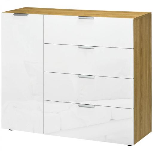 Aparador de Salón Cajonera y Cómoda con 4 Cajones Puerta y Estantes Ajustables 105x35x92 cm Blanco y Natural [9]