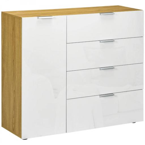 Aparador de Salón Cajonera y Cómoda con 4 Cajones Puerta y Estantes Ajustables 105x35x92 cm Blanco y Natural [8]