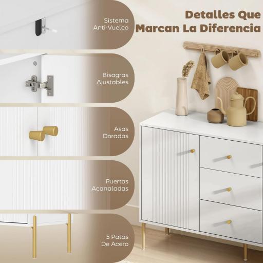 Aparador Moderno de 2 Puertas Aparador de Salón con 3 Cajones Estantes Ajustables Blanco 120x39,1x76 cm [4]