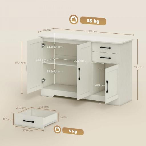 Aparador para Salón Moderno con 3 Puertas 2 Cajones Estante Ajustable para Comedor Entrada 120x38x79 cm Crema [1]