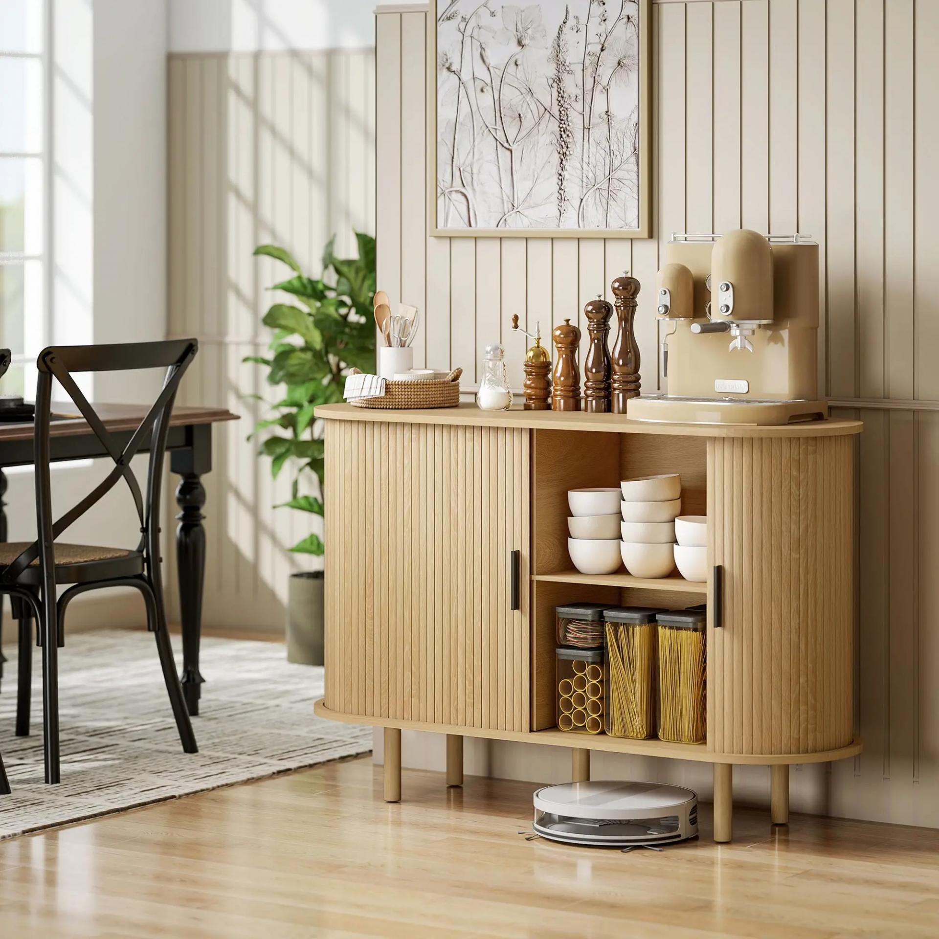 Aparador con Puertas Tambour Deslizantes 4 Compartimentos y Patas de Madera 120x40x78 cm Roble