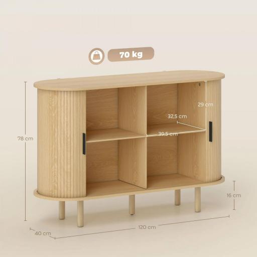 Aparador con Puertas Tambour Deslizantes 4 Compartimentos y Patas de Madera 120x40x78 cm Roble [1]