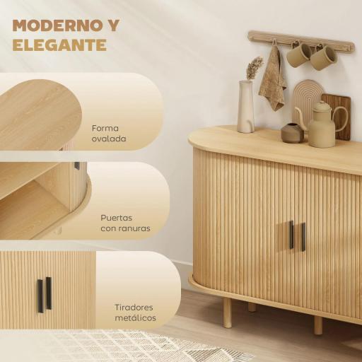 Aparador con Puertas Tambour Deslizantes 4 Compartimentos y Patas de Madera 120x40x78 cm Roble [5]