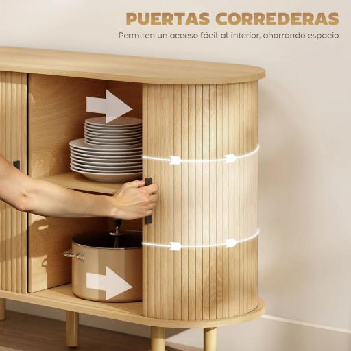 Aparador con Puertas Tambour Deslizantes 4 Compartimentos y Patas de Madera 120x40x78 cm Roble [4]