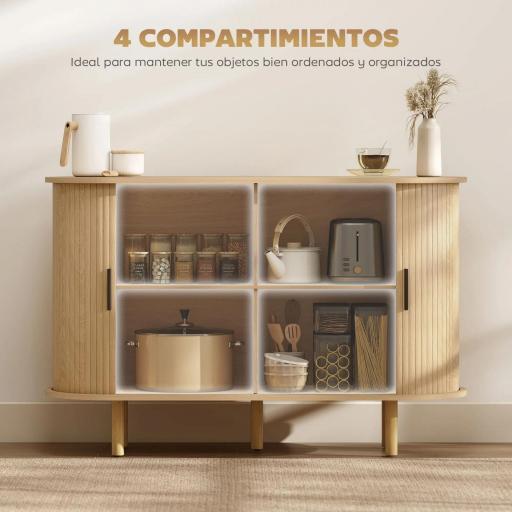 Aparador con Puertas Tambour Deslizantes 4 Compartimentos y Patas de Madera 120x40x78 cm Roble [2]