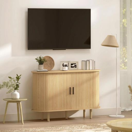Aparador con Puertas Tambour Deslizantes 4 Compartimentos y Patas de Madera 120x40x78 cm Roble [6]