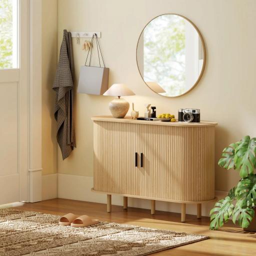 Aparador con Puertas Tambour Deslizantes 4 Compartimentos y Patas de Madera 120x40x78 cm Roble [7]