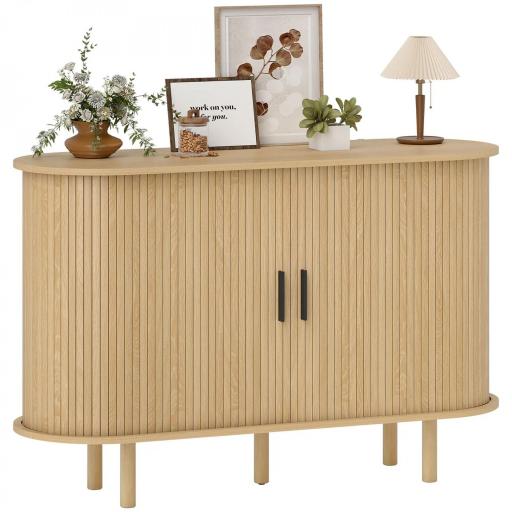 Aparador con Puertas Tambour Deslizantes 4 Compartimentos y Patas de Madera 120x40x78 cm Roble [8]