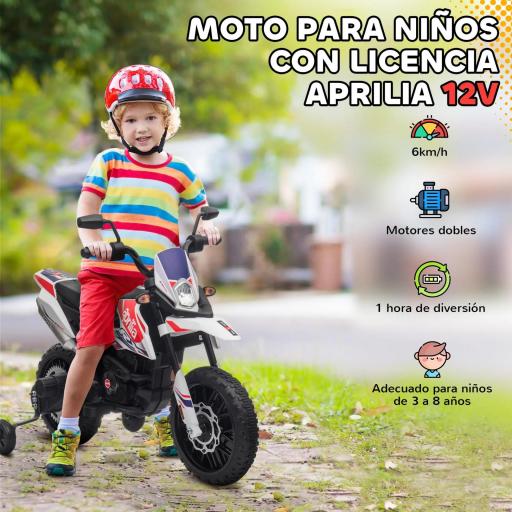 Moto Eléctrica para Niños 12V con Licencia Aprilia con Ruedas Auxiliares Desmontables 6 km/h Suspensión Trasera Blanco [3]